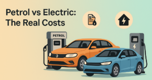 Vector image contrasting electric and petrol cars in South Africa, showing cost and practicality on a clean pastel background.