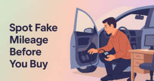 Buyer checks car pedals and scans with OBD2 in a dealership to verify true used car mileage before purchase.